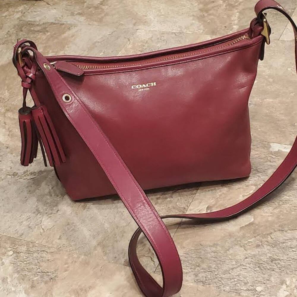 Coach Medium Legacy Bag with Tassels in Burgundy 8 1/2" x 12"